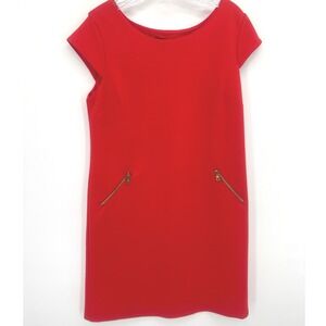 Chetta B Red Textured Honeycomb Knit Sheath Dress Size 10 Cap Sleeve Zip Pockets
